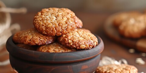 Anzac Biscuits Bliss - Culinary Symphony of Oats, Coconut, and Golden Syrup. Dive into the Culinary Bliss in a Nostalgic Australian Kitchen with Soft Lighting