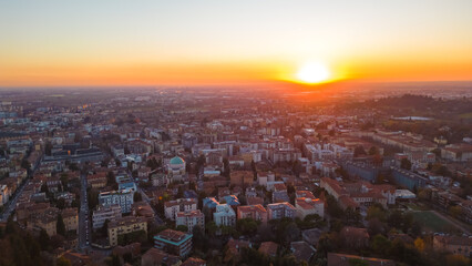 Beautiful sunset over the city of Bergamo in winter, Aerial view Bergamo. View from the top Bergamo Alta sunset. Italy, Lombardy, Bergamo. 