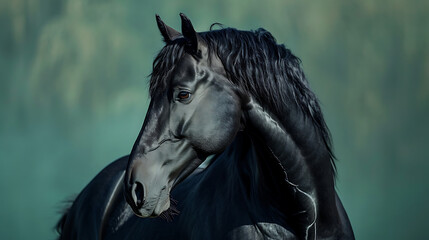 a black horse with a black mane and a black nose and head, standing in front of a green background