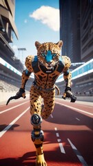 Fototapeta na wymiar Humanoid cheetah with futuristic athletic gear sprinting through a high-tech racing track