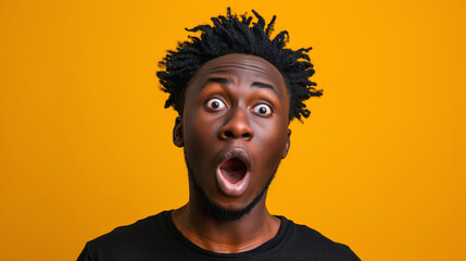 A young dark-skinned man with a surprised face and open mouth on a yellow background.