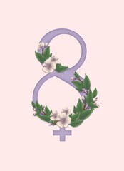Postal del dia internacional de la mujer, 8 de marzo con flores ilustradas, numero 8 fusionado con simbolo femenino - obrazy, fototapety, plakaty
