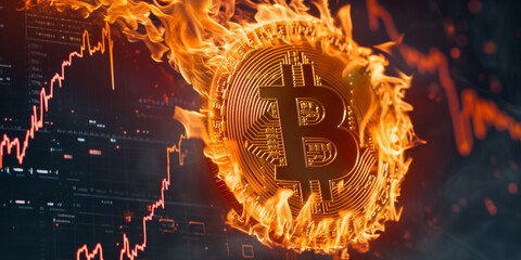 Bitcoin engulfed in intense flames against a volatile stock market graph, depicting financial fervor - obrazy, fototapety, plakaty