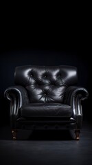An imposing black leather armchair in a dark, atmospheric room. Black leather armchair with striking lines and refined aesthetics for moments of comfort in a luxurious environment.