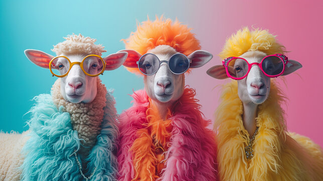 Trendy fashionable stylish glamorous animals. A humorous and colorful portrait of three sheep in sunglasses and vibrant wigs against a gradient pastel background.