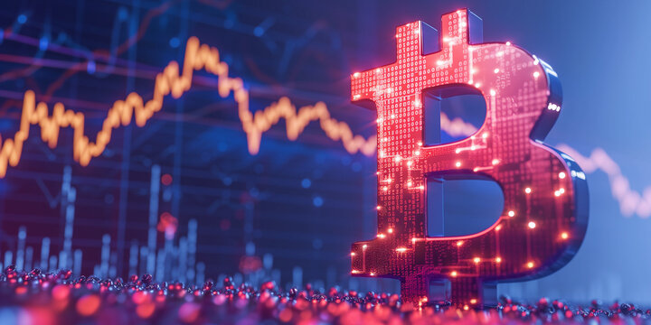 Digital Bitcoin sign stands out in a field of binary with market graphs glowing in the background