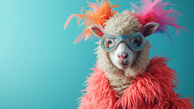 Carnival. Trendy fashionable stylish glamorous animals. A playful portrait of a sheep in a glitzy masquerade mask with vibrant orange and pink feathers against a teal background.