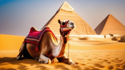 A camel in the middle of the desert against the backdrop of pyramids . Holidays and tourism in the warm country of Egypt.