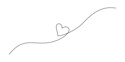 One continuous drawing of two hearts with red color love sign. Thin flourish ribbon and romantic symbol in simple linear style. Editable stroke. Doodle contour vector illustration