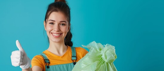 Female volunteer giving thumbs up with garbage bag over blue background.