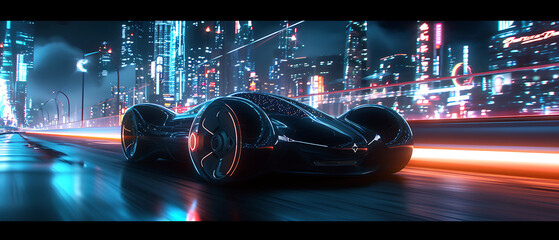 a futuristic car driving down a city street at night time with a city skyline in the background and a glowing street light