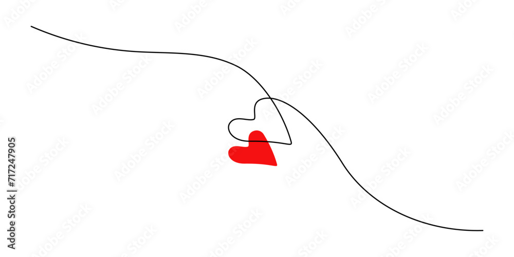 Leinwandbilder one continuous drawing of two hearts with red color love sign. thin flourish ribbon and romantic sym