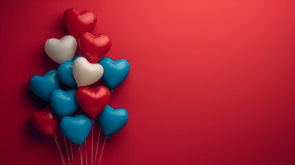 Heart shaped balloons on red background, flat lay with space for text. Valentine's day celebration.