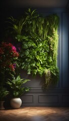 Dark wall empty room with plants on a floor,3d rendering
