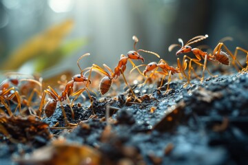 Makro Ameisen auf der Wanderschaft. Arbeiterameisen bei der Arbeit in einer Nahaufnahme.