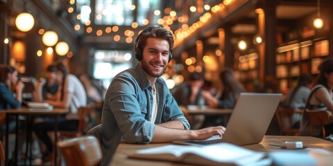 Obraz premium Man Working on Laptop at Table