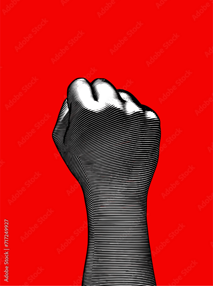 Wall mural Black and white engraving back human fist wrist illustration on red BG