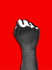 Black and white engraving back human fist wrist illustration on red BG