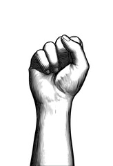 Black engraving human fist wrist hand up illustration on white BG - obrazy, fototapety, plakaty