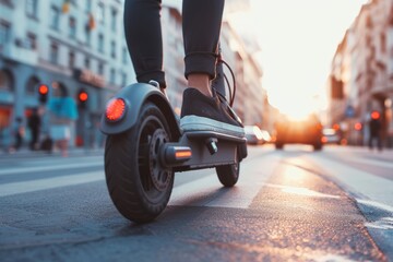 E-Scooter fährt durch die Stadt auf der Straße, Elektroroller in städtischer Umgebung.  - obrazy, fototapety, plakaty