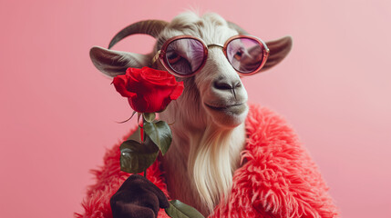 Greeting card, background, banner with congratulations for Valentine's day, birthday and anniversary. Cool goat in sunglasses holding and giving a rose flower, gift on plain background