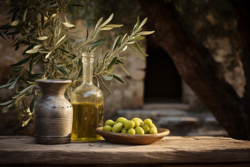 Olives and olive oil in a jar on a wooden old monastery table olive tree leaves
