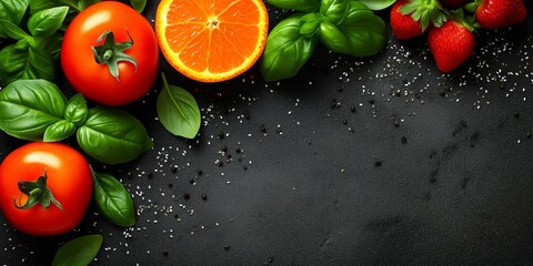 Fresh Tomatoes, Basil, and Oranges on Black Background