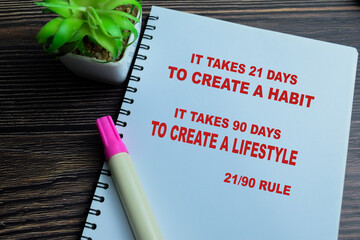 Concept of Habit and Lifestyle 21 and 90 Rule write on book isolated on Wooden Table.