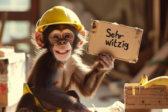 Affe mit einem Bauhelm hält ein Schild hoch auf dem "Sehr witzig" steht. Lustiger Schimpanse  als Grußkarte. 