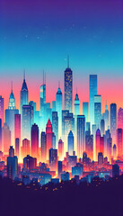 Vibrant Urban Twilight: Colorful City Skyline Digital Art at Dusk featuring Architectural Silhouettes, Gradient Sky & Stars, conveying Calm & Beauty of Nightfall in Metropolis - Concept of Urban