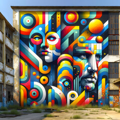 Vibrant Cubist-Inspired Mural on Urban Industrial Building - Colorful Geometric Shapes & Stylized Faces Wall Art, Symbolic Sun & Moon Elements Concept