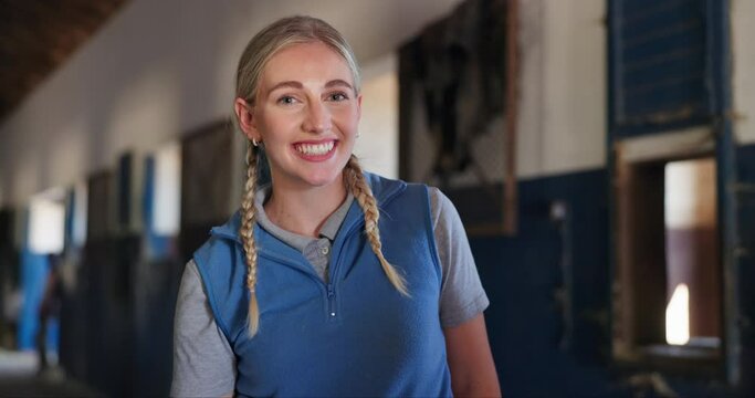 Smile, equestrian and woman in stable on ranch for hobby as trainer or professional jockey. Portrait, western or rural with happy young blonde person in barn or stall as rural cowgirl and rider