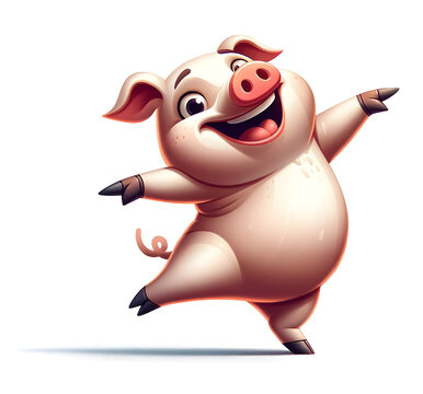Joyful 3D Pig Character Dancing Illustration, Glossy Cartoon Animal with Upbeat Expression – Concept of Celebration, Fun & Happiness in Animated Style