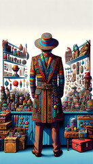 Traditional Artisan Outfit in Vibrant Marketplace - Cultural Fashion Elegance, Latin American Heritage Costume Illustration, Concept of Cultural Diversity & Artistic Expression