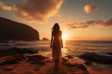 Fototapeta na wymiar A serene beachside scene where a solo traveler basks in the sunset, portraying the tranquility and self-discovery facilitated by well-managed finances. Generative Ai.
