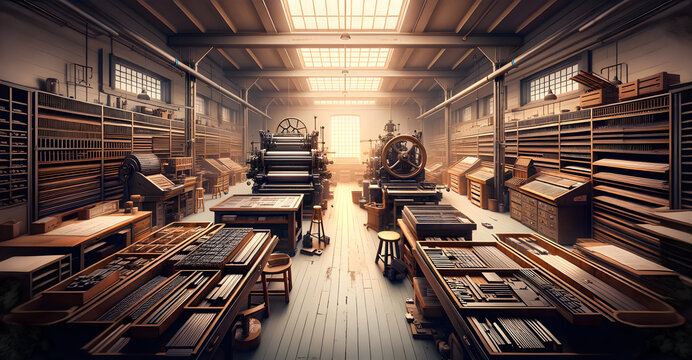Vintage Print Shop Charm: Antique Printing Presses, Typeset Cabinets & Ink Rollers in Traditional Press Room – Concept of Historical Printing Craftsmanship & Retro Typography