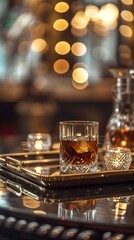 An Irish coffee cocktail in a delicious mix of strong coffee and Irish whiskey served on a tray. A glass of whiskey with coffee with a rich, full-bodied flavor in a luxurious setting.