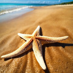 Starfish on summer sunny beach  at ocean background. travel, vacation concepts.