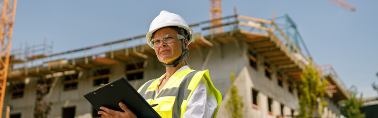 Smiling female construction worker in protective helmet standing against on construction background