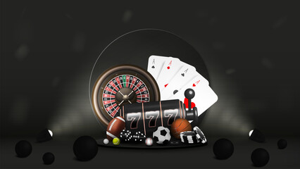 A web banner on the theme of online casinos and sports betting with roulette, cards, slot machine, balls for football, tennis, baseball and basketball on a podium on a black background.