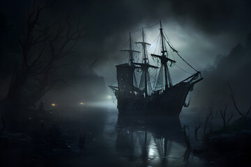 A spectral pirate ship sails amidst the eerie silence on a fog-covered lake reflecting the full...