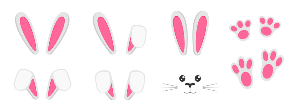 Set of cute bunny ears, muzzles and paws isolated on white background. Decoration elements for Easter party, photo shoot, greeting or invitation card, celebration banner. Vector flat illustration
