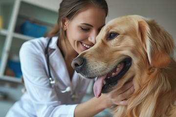 Golden Retriever beim Tierarzt. Tierärztin untersucht einen Hund vertraulich und fröhlich bei der Arbeit.