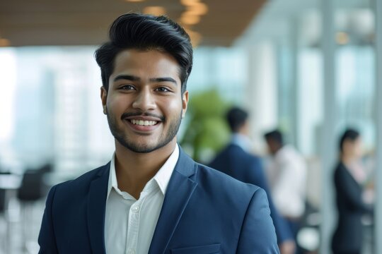 Indischer Business Mann im Anzug im B&uuml;ro. Asiatischer Mann auf Gesch&auml;ftsreise zum Meeting.