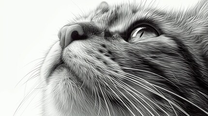 Katze als feine Bleistiftzeichnung. Kopf der Katze blickt nach oben. Schwarzweiß Zeichnung.  - obrazy, fototapety, plakaty