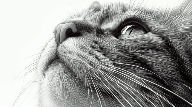 Katze als feine Bleistiftzeichnung. Kopf der Katze blickt nach oben. Schwarzweiß Zeichnung. 