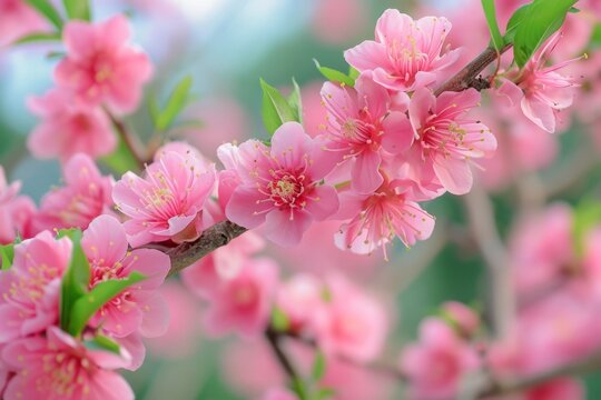 Kirschblüte im Frühling. Blühender Zweig in Rosa und Pink. Knospen am Baum.