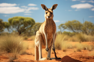 Imaginative artwork depicting the red kangaroo in a stylized and contemporary manner, encapsulating the pride and connection Australians feel towards their unique fauna. Generative Ai.