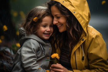 A mother and daughter share a quiet moment on a rainy day, huddled together under an umbrella, finding joy in the simple act of staying dry and connected.  Generative Ai. - obrazy, fototapety, plakaty