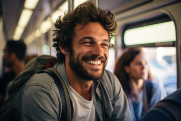 A commuter shares a smile with a fellow passenger on a crowded train, creating a brief yet genuine...